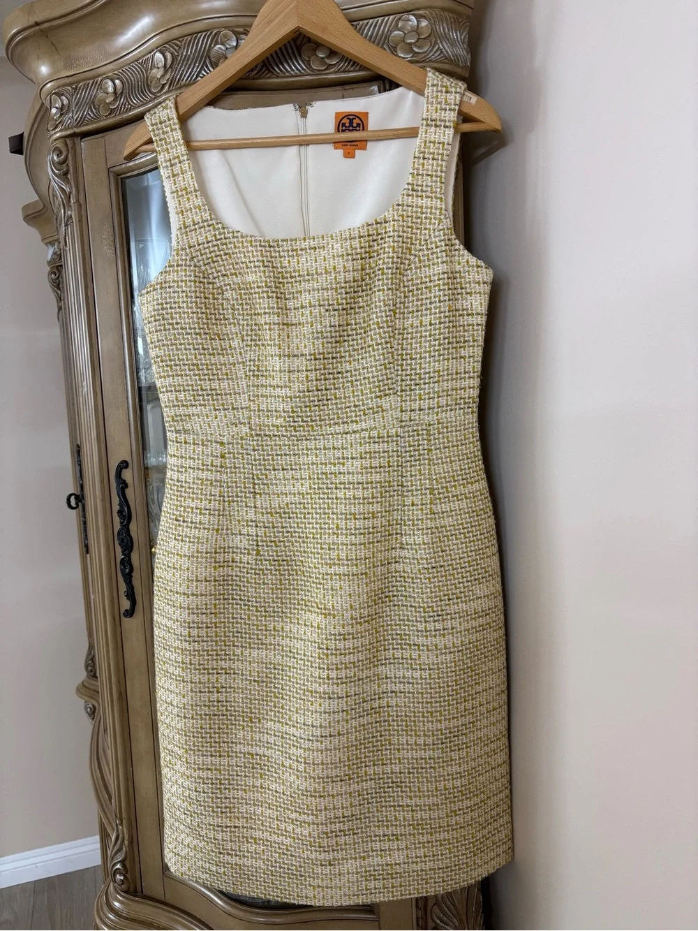 Tory Burch Tweed Sheath Dress Yellow White Sleeveless Size 6 Classic Chic